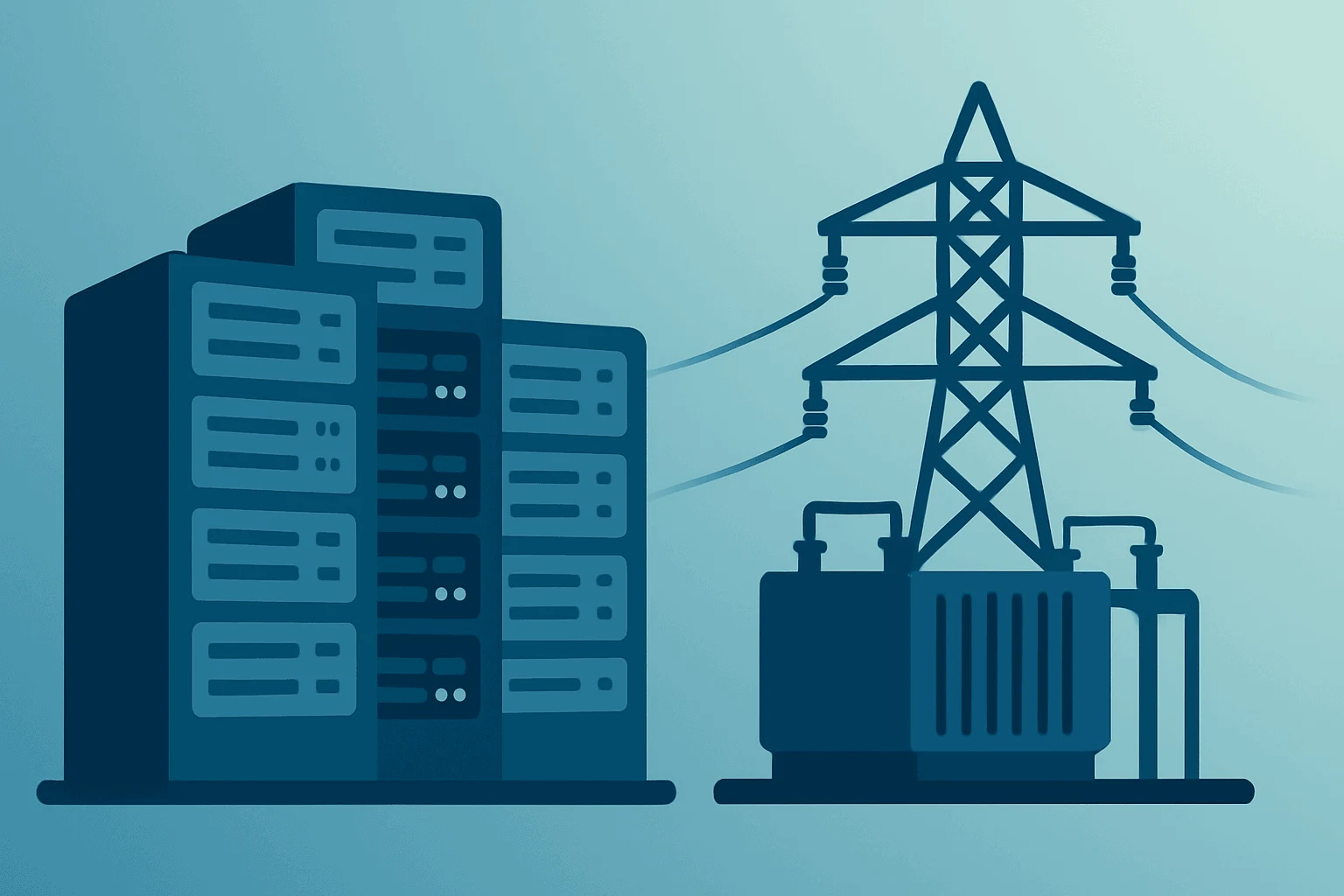 Flat vector cover of a server rack and substation symbolizing HIVE Paraguay AI GPUs validation and BUZZ HPC deal.