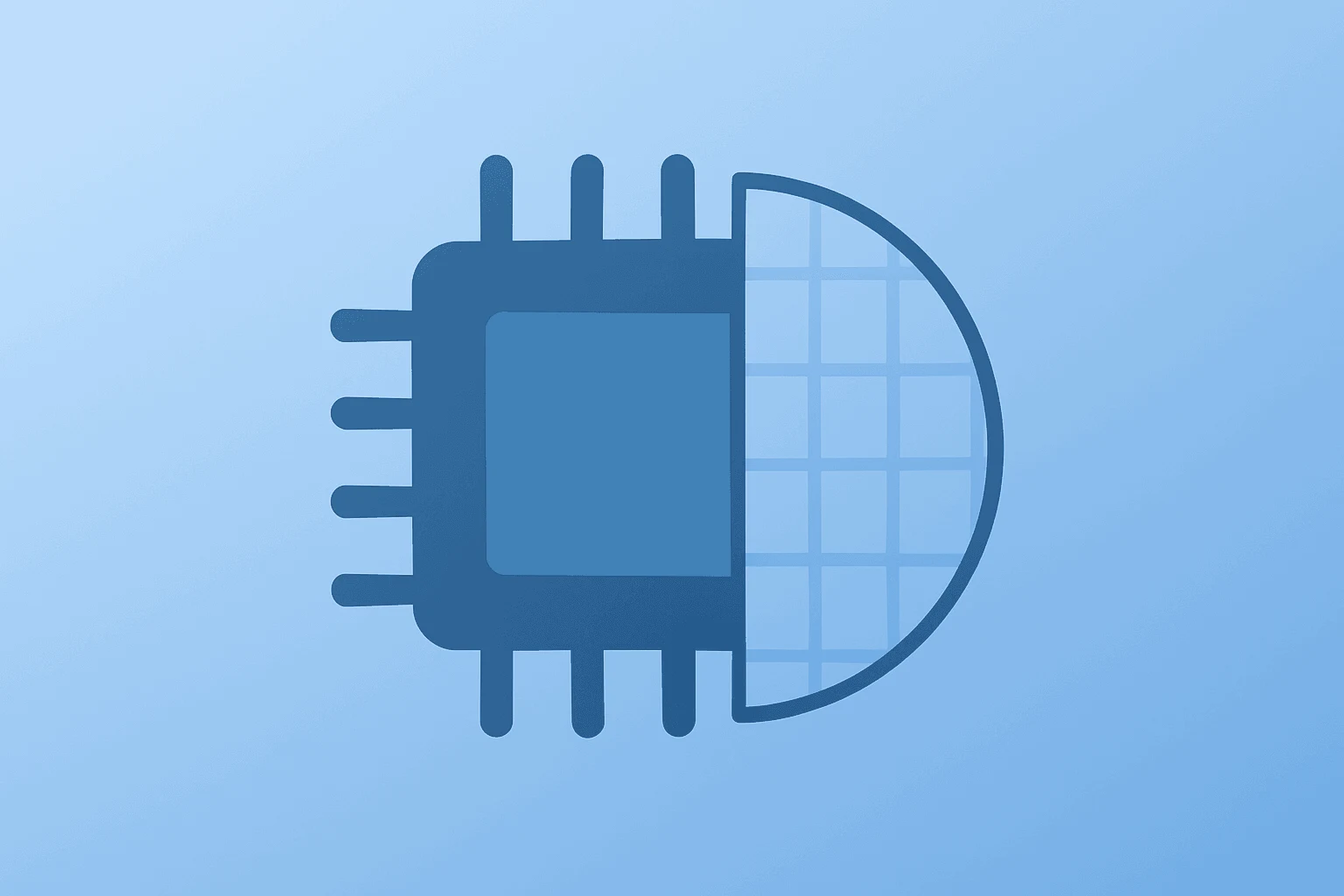 Flat filled vector of a central chip merging into a wafer to represent Apple chip talks and Intel reappraisal.
