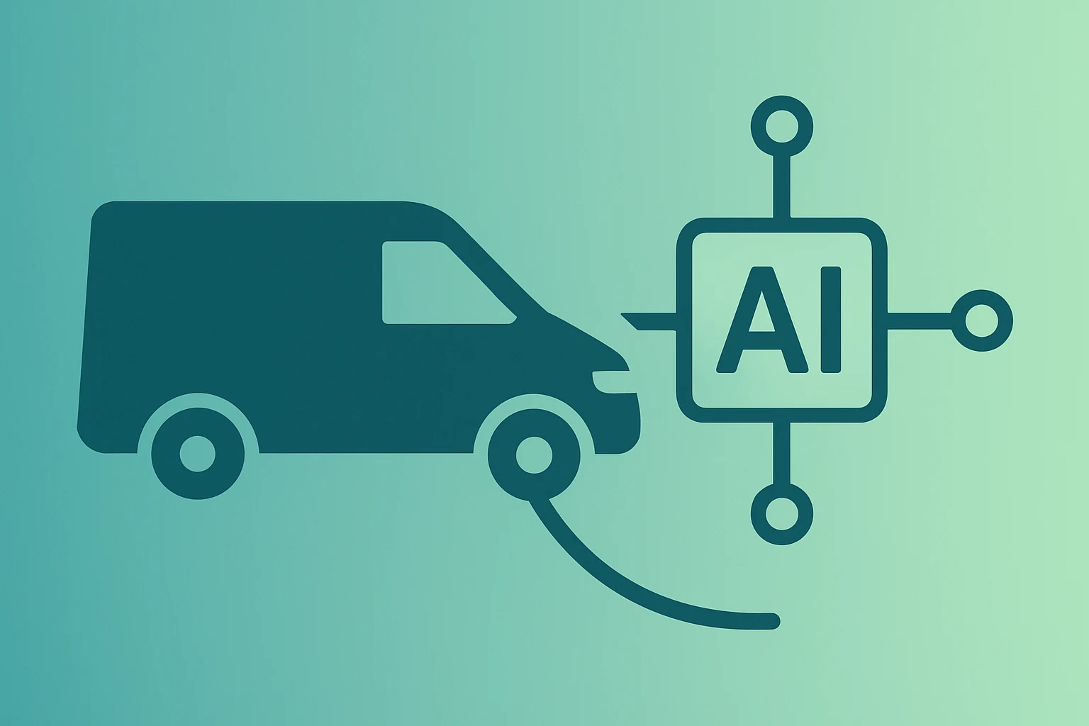 Flat vector delivery van merged with a network hub symbolizing FedEx SameDay Local AI-driven last-mile orchestration.