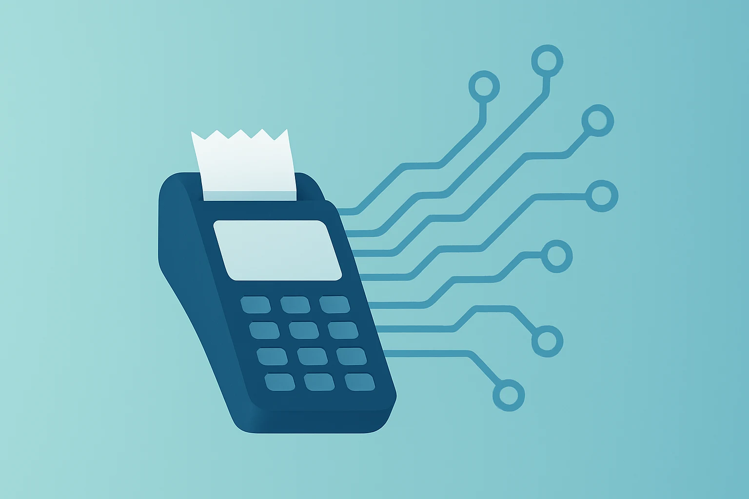 Flat filled vector of a merchant terminal fused with an expanding circuit to symbolize Global Payments earnings and buybacks.