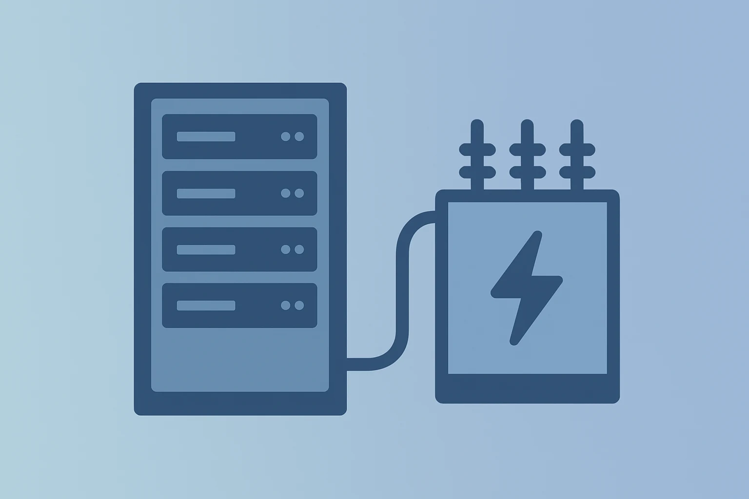 Flat vector server merging with power transformer symbolizing the Hut 8 AI data center deal and the power-first pivot.