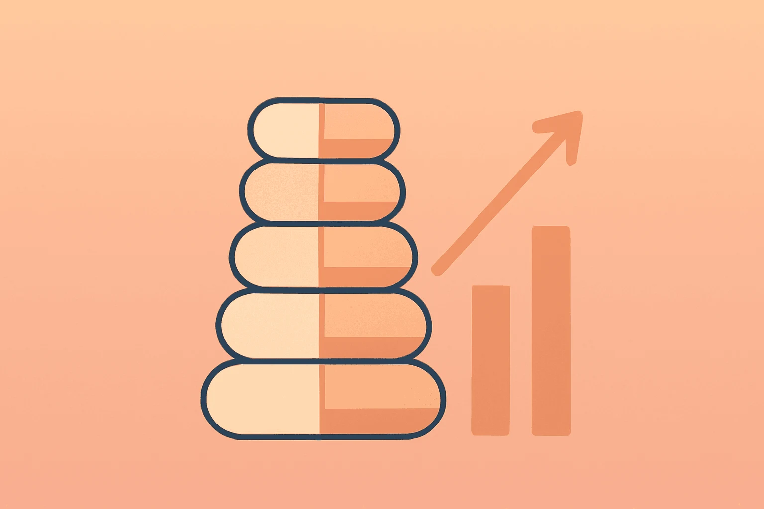 Flat filled vector of stacked capsules expanding outward to symbolize GLP-1 unit volume growth and Eli Lilly Q1 earnings beat.