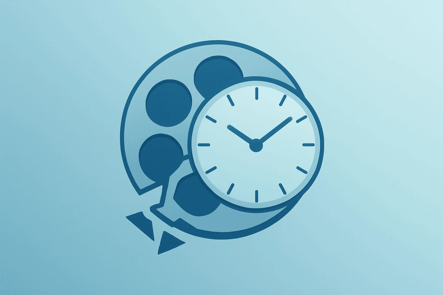 Flat filled vector of a fractured film reel with a clock, symbolizing Paramount pauses Warner Bros. deal and ticking fees.