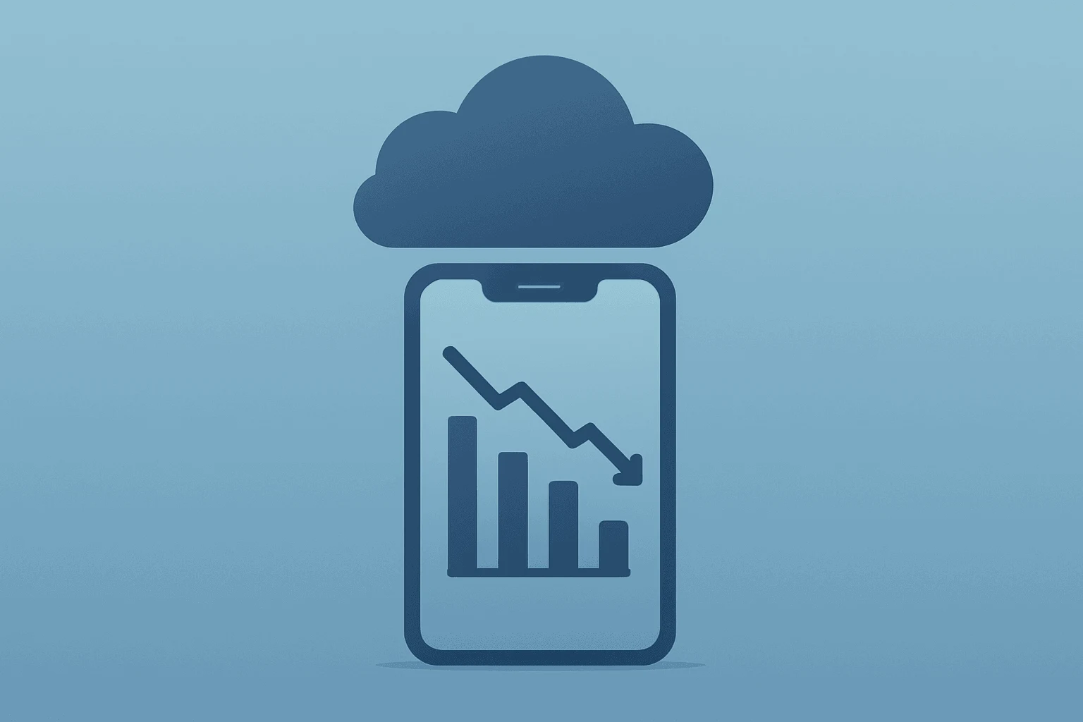 Flat filled vector of a mobile ad server dimming under clouded light to symbolize AppLovin Q2 earnings revenue miss.