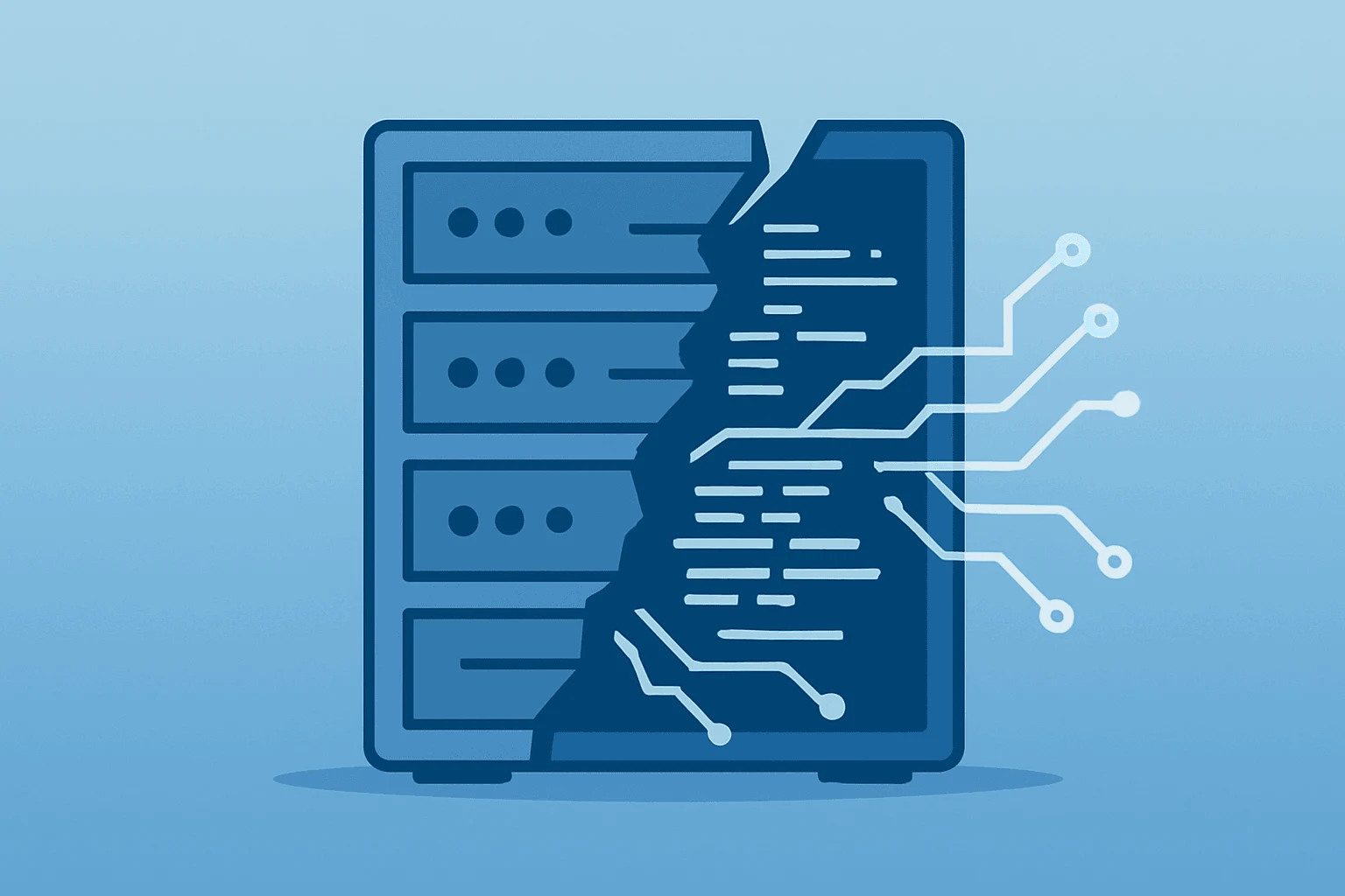 Flat-vector server shell fractured to reveal lines of code, symbolizing Anthropic Mythos security preview and partners.