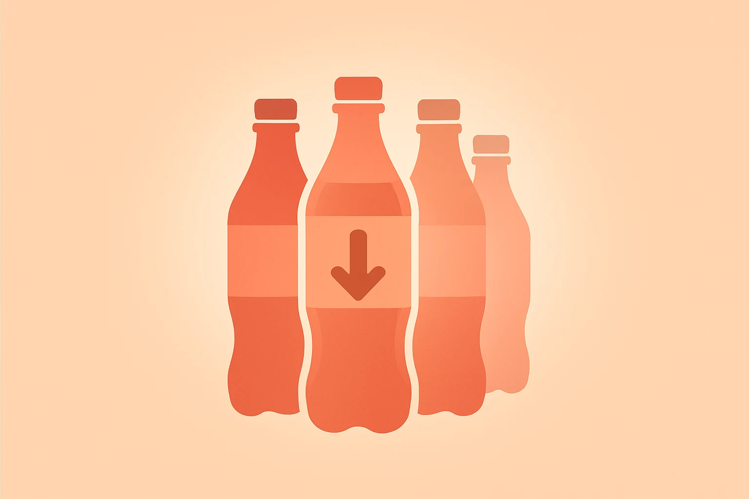 Centered flat vector soda bottle cluster with dimming glow evoking Coca-Cola Q4 2025 earnings miss and BODYARMOR impairment.