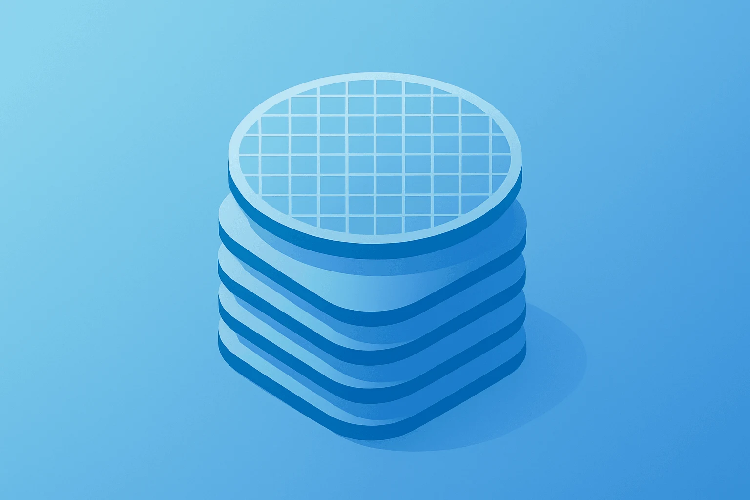 Centered flat filled vector of a silicon wafer stack scaling to represent Tower Semiconductor earnings and SiPho demand.