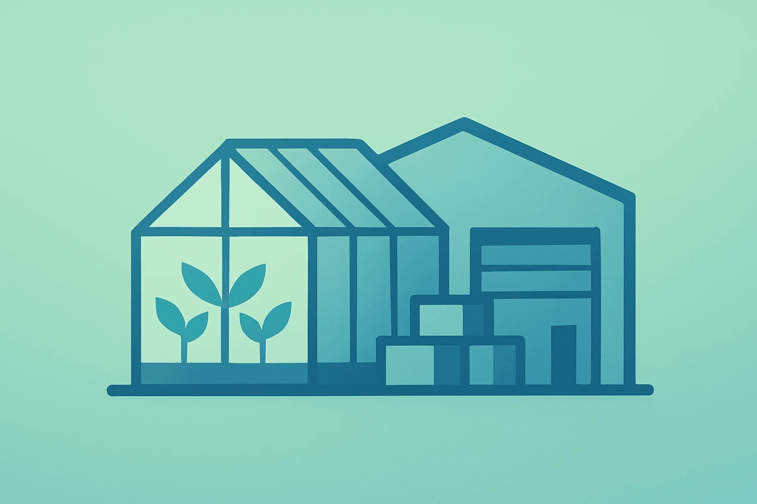 Flat filled vector of a cannabis greenhouse merging with a distribution hub to represent Curaleaf takeover bid for Aurora.