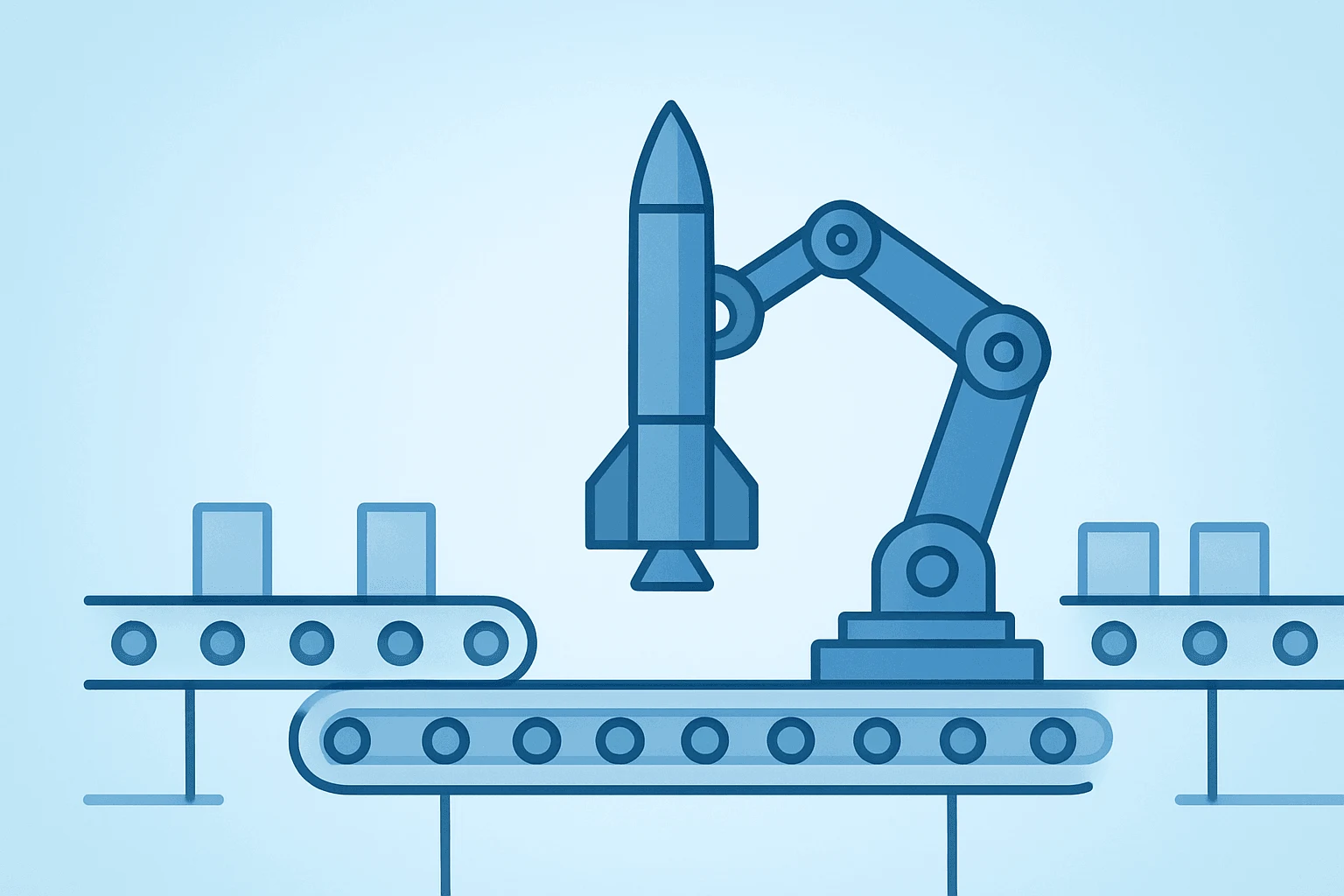 Centered flat vector of a missile assembly fixture expanding production lines, symbolizing RTX Tomahawk contract ramp.