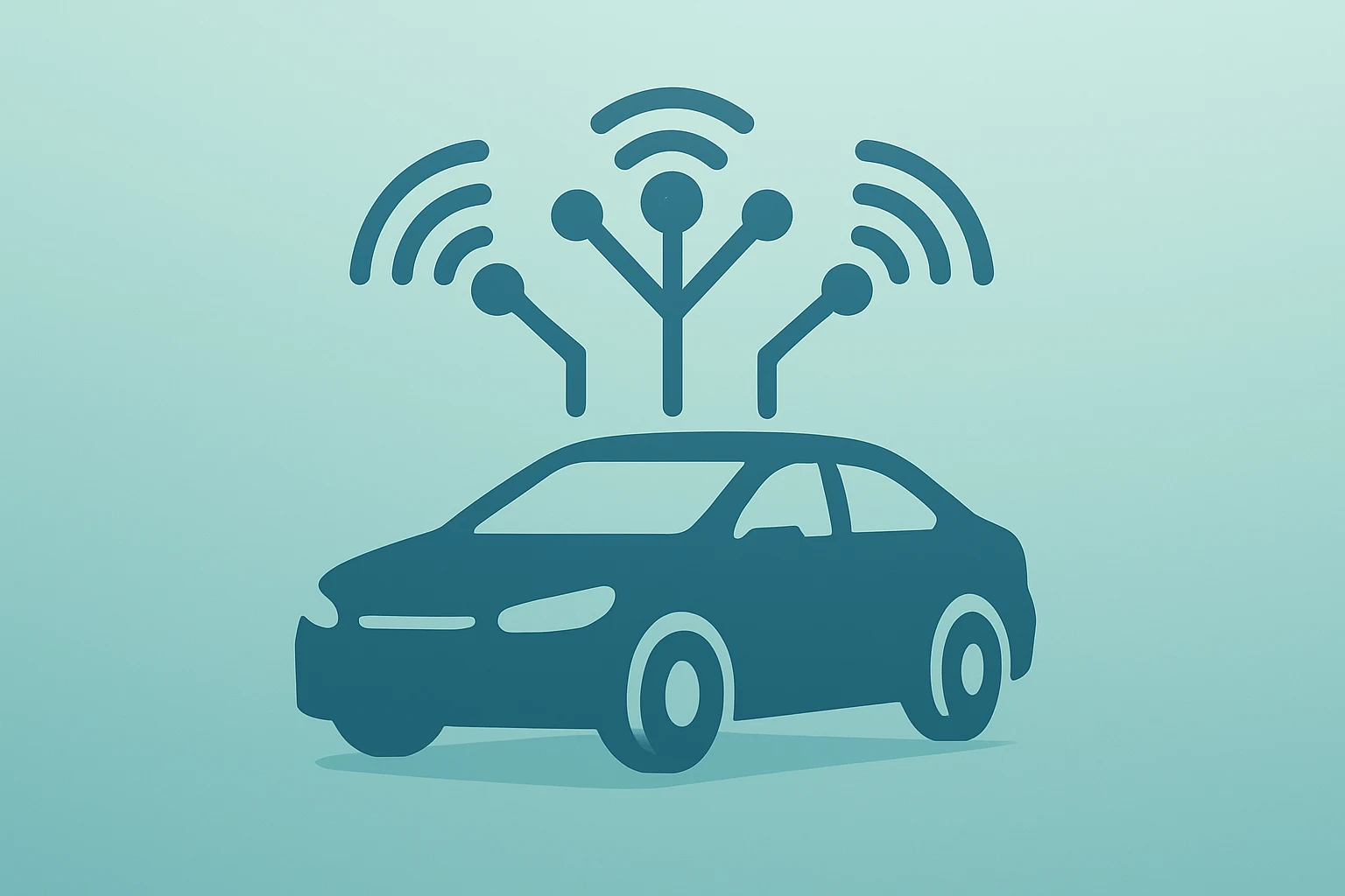 Flat filled vector of a car module with expanding circuits to symbolize Waymo funding round and market expansion.
