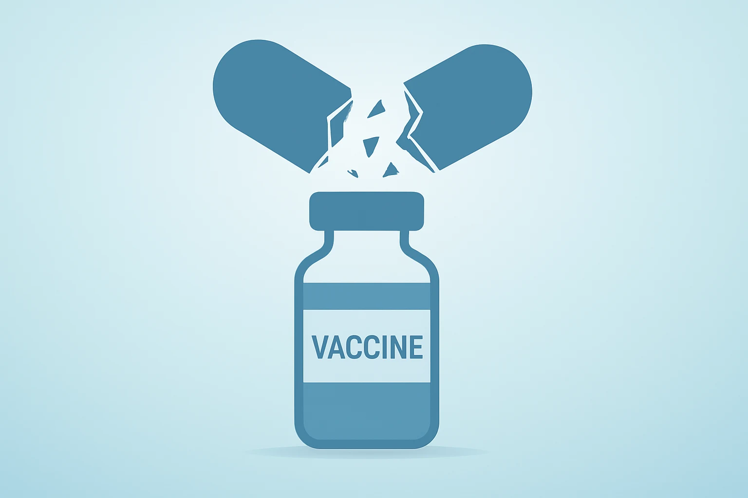 Flat vector cover of a vaccine vial splitting like a fractured capsule to symbolize Moderna earnings and FDA regulatory setback.