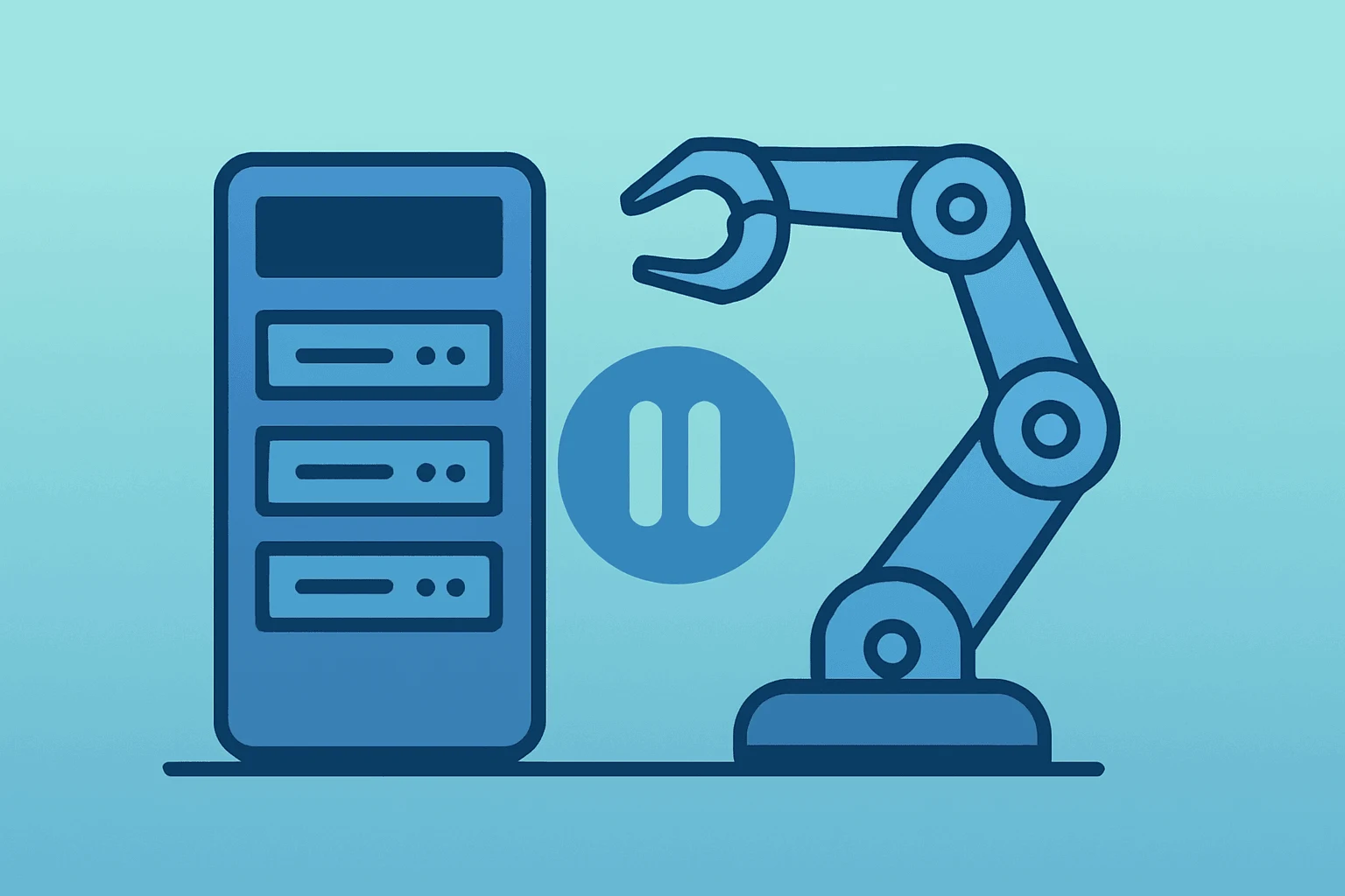 Flat vector of a server module merging with a robotic arm to symbolize SoftBank Roze IPO valuation and timing risk