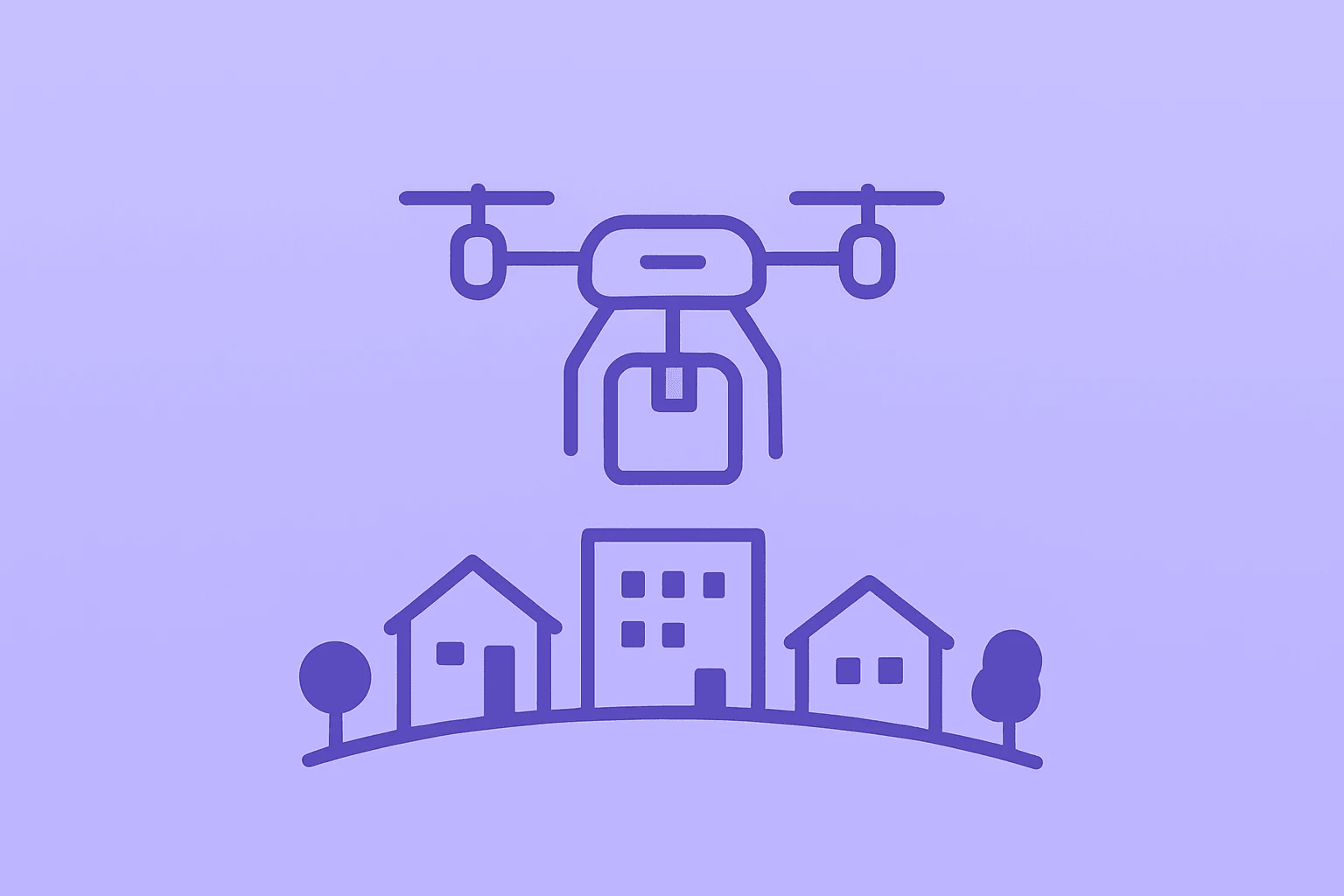 Flat filled vector of a delivery drone expanding service footprint over suburban hubs, representing Amazon drone delivery.