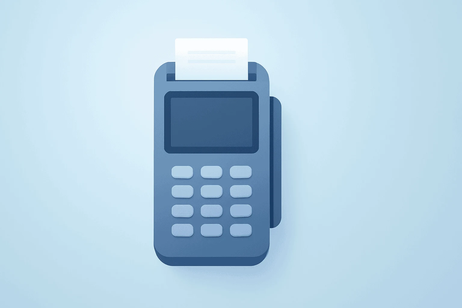 Flat filled vector of a retail checkout terminal with a dimming screen symbolizing Walmart layoffs and tech team consolidation.