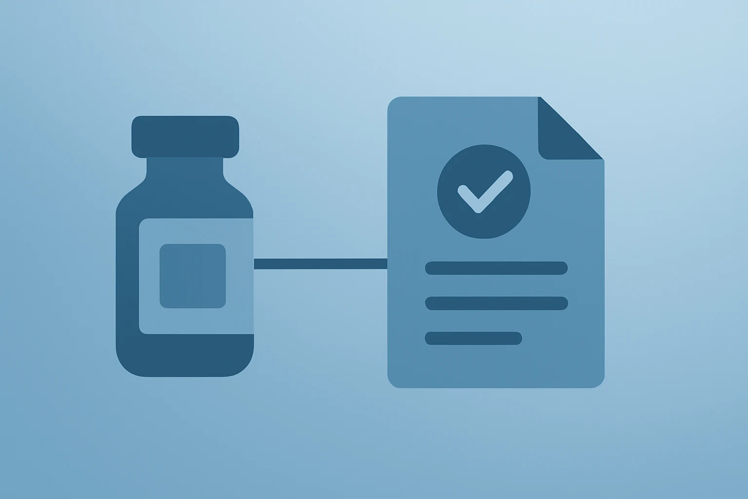 Flat filled vector of a vaccine vial blending into a document icon to symbolize Moderna FDA review and approval pathway.