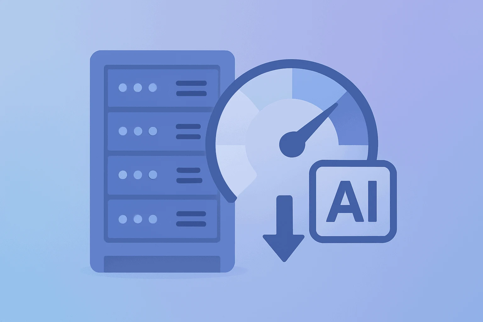Flat vector server rack and token meter suggesting OpenAI Price Cuts, minimalist gradient background and subtle shadow lift