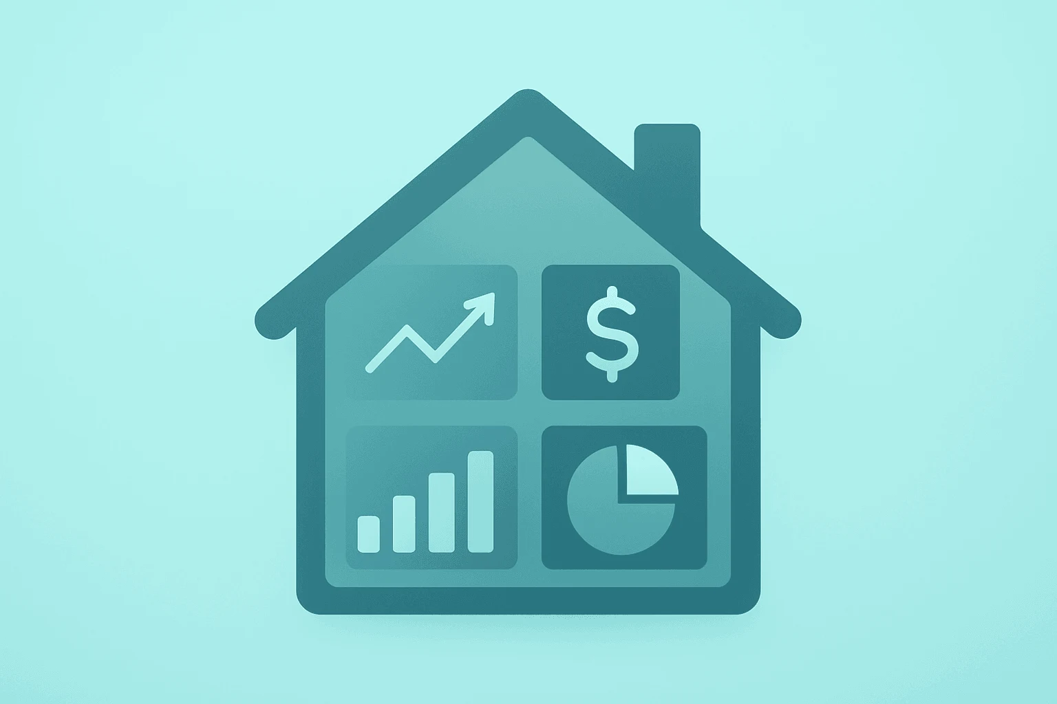 Flat vector of a house-shaped dashboard dimming panels to show Zillow earnings tension between profit and traffic.
