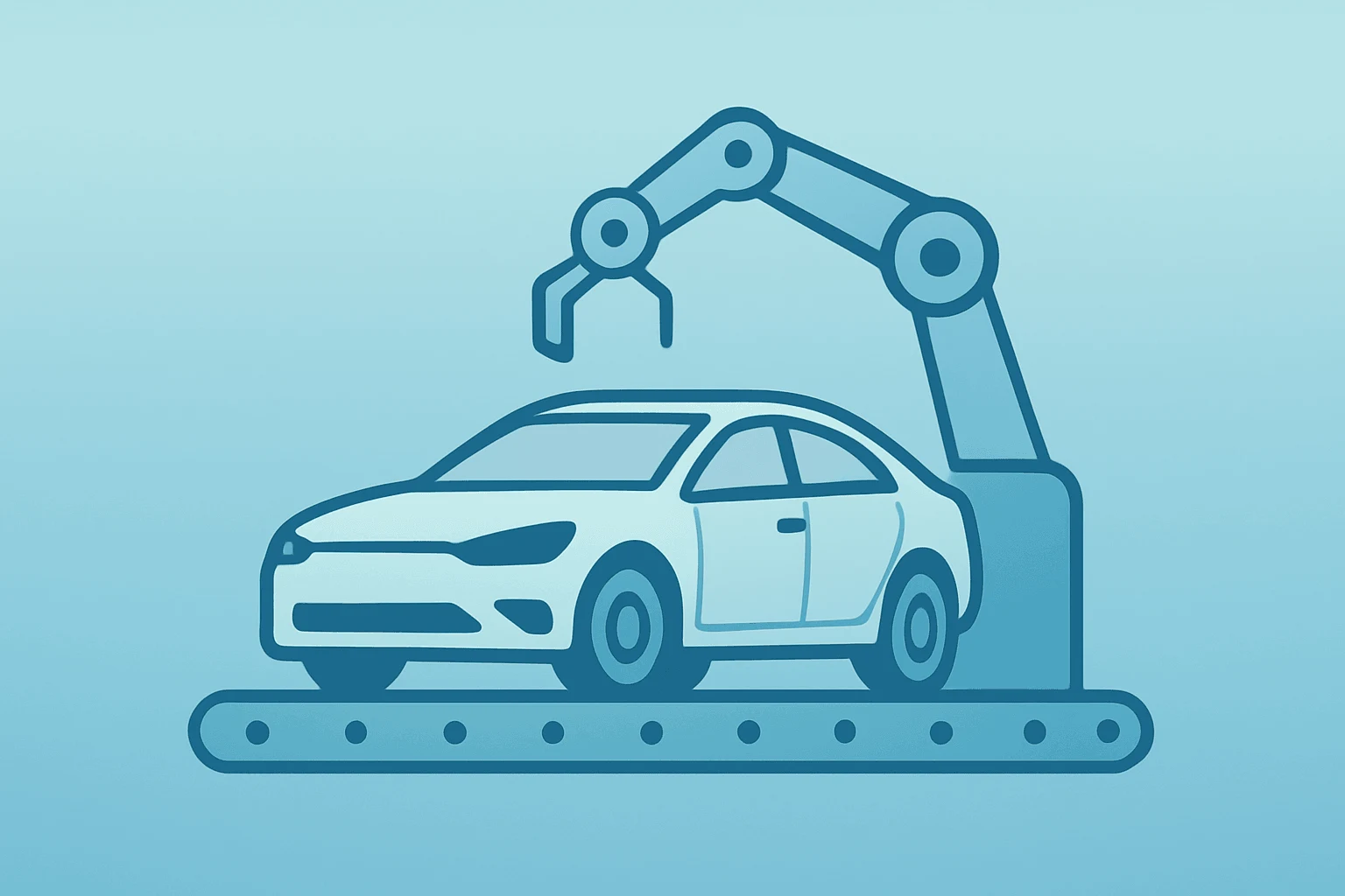 Flat-vector of an idle EV assembly line with a halted car shell, symbolizing Lucid layoffs and restructuring at AMP