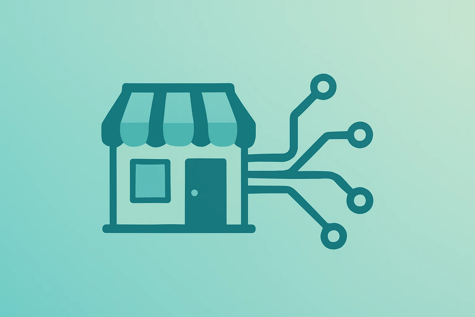 Flat filled vector of a retail store fused with a circuit to symbolize Walmart $1 trillion market cap and e-commerce growth.