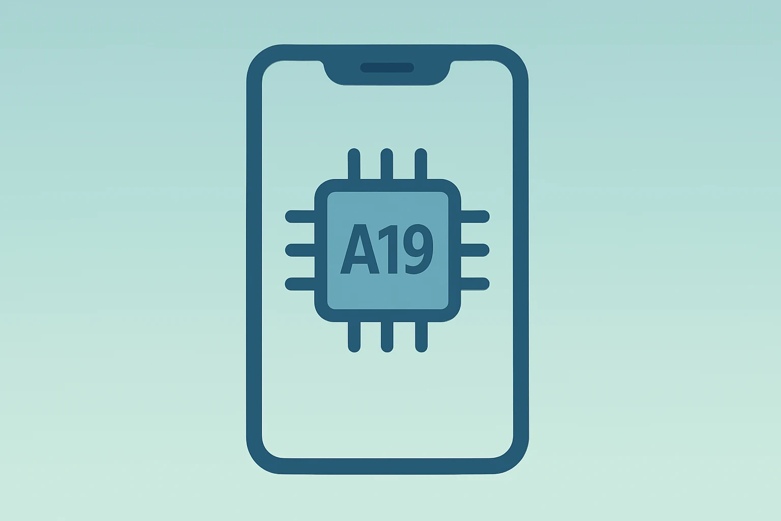 Minimalist flat vector of a phone-chip fusion with an A19 chip inside a handset to symbolize iPhone 17e value launch.