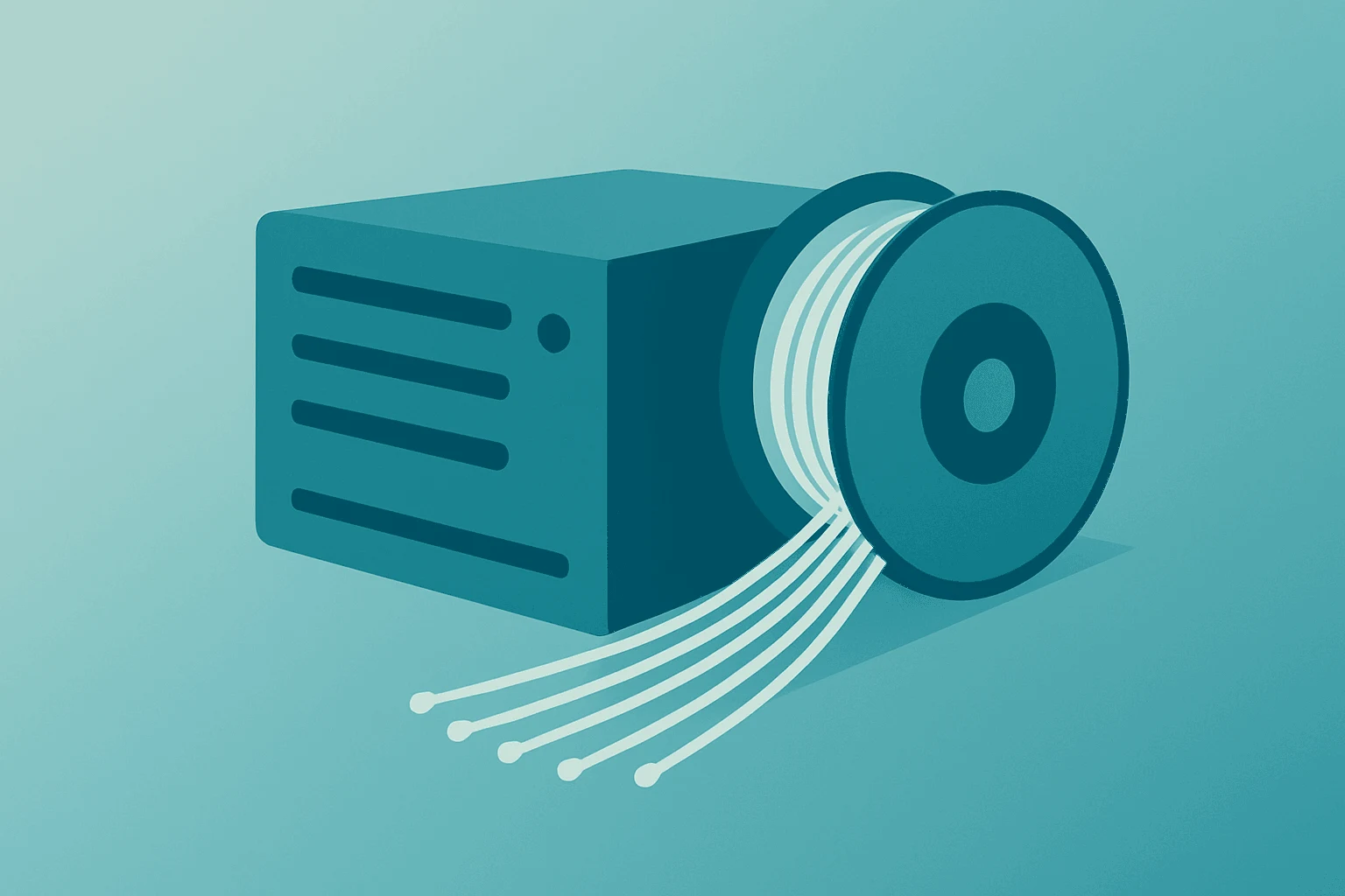 Flat vector of a server fused with an optical fiber spool symbolizing the Nvidia Corning partnership for U.S. AI fiber.