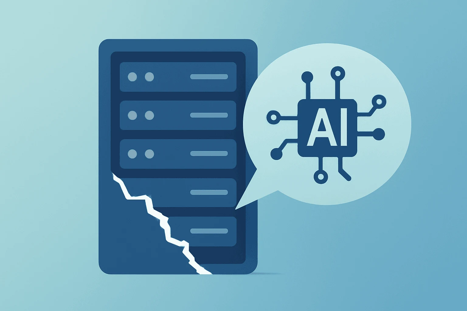 Flat vector of a server rack splitting along a seam to symbolize Meta layoffs and the shift to AI spending.
