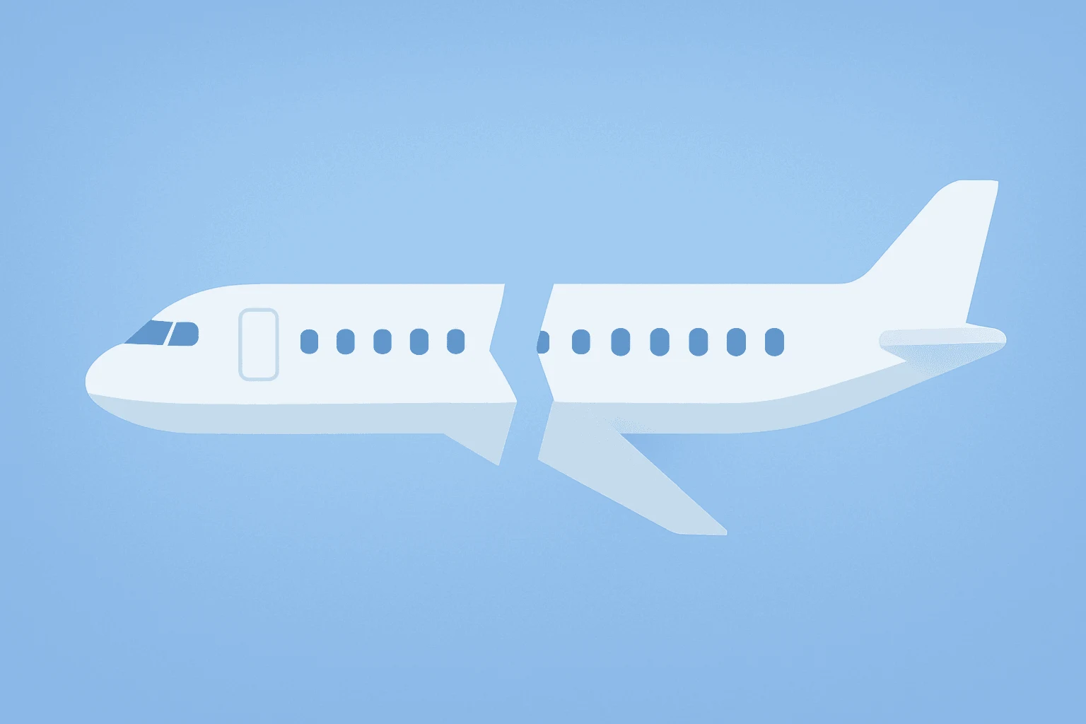 Flat filled vector of a split airliner fuselage symbolizing the United American merger collapse on a subtle gradient.
