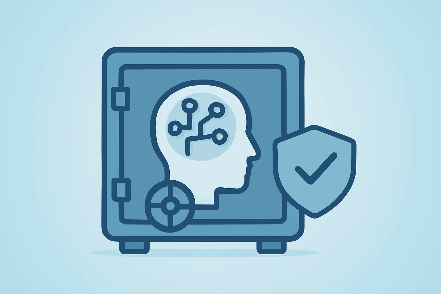 Flat vector of an AI model vault under security review, evoking OpenAI complies with Trump AI order and voluntary review.