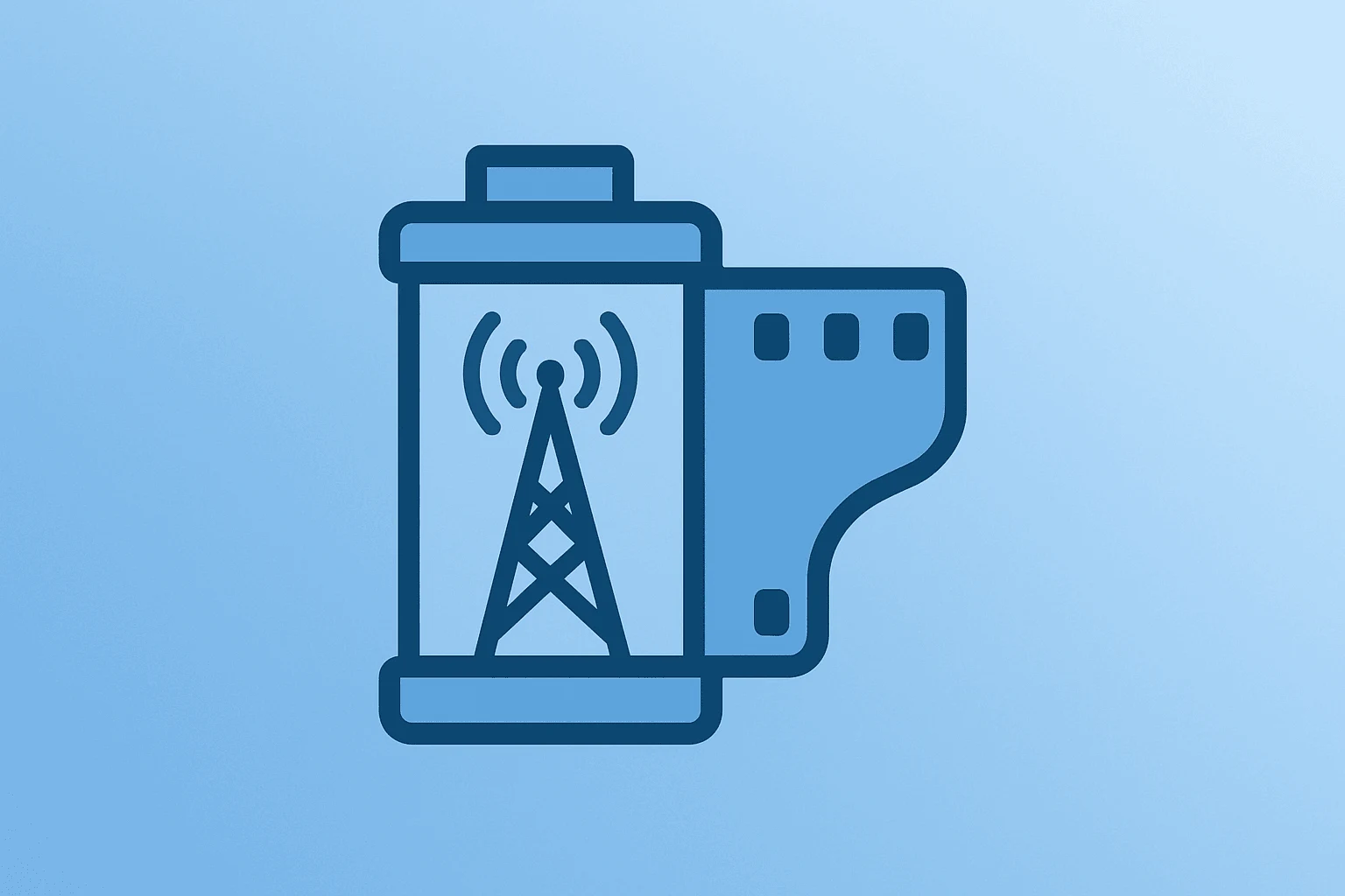 Flat-vector film canister merging with a broadcast tower to symbolize the Skydance merger and media consolidation.