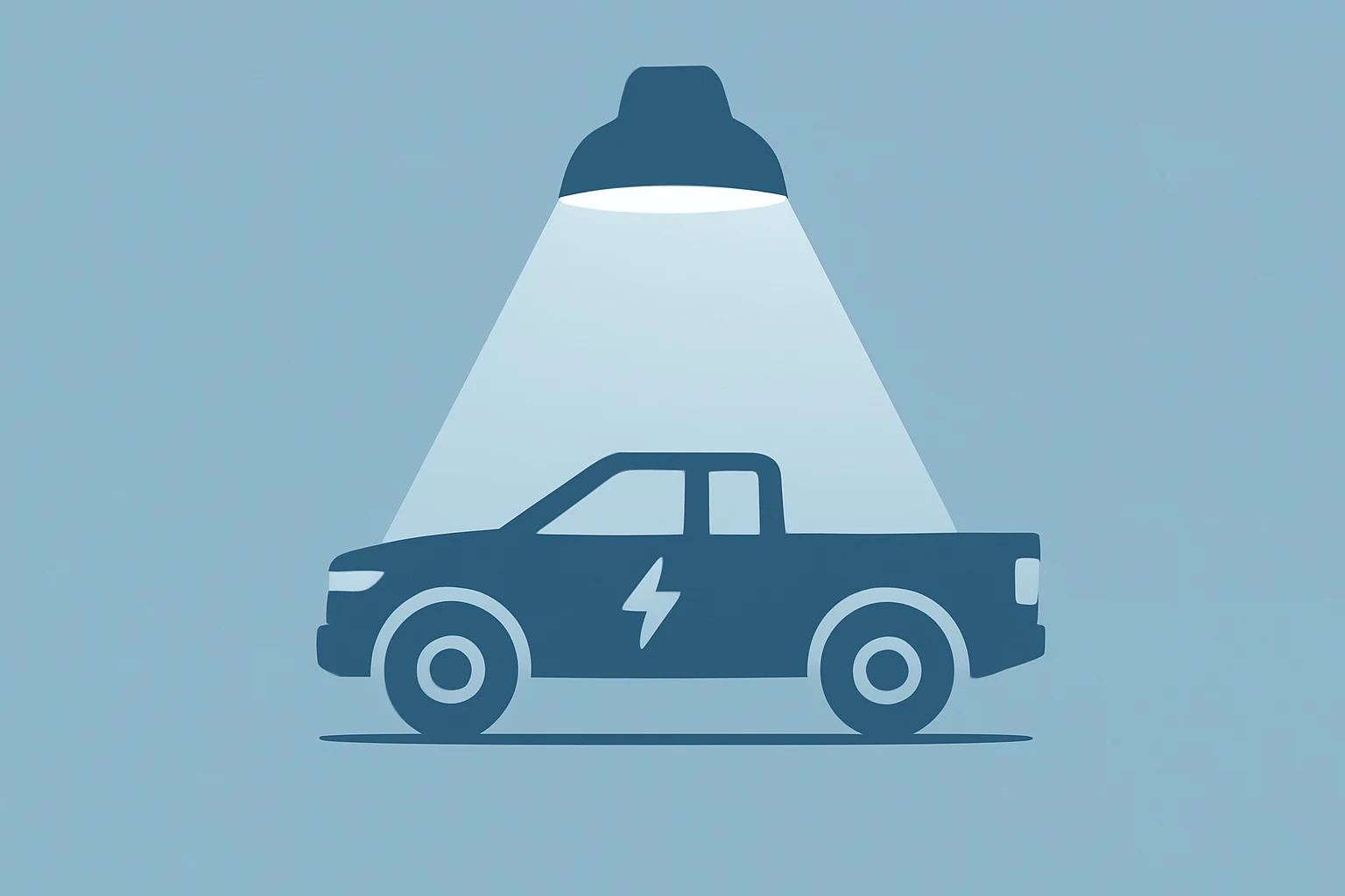 Flat vector of an electric pickup under a split spotlight representing Rivian stock optimism tempered by reaffirmed guidance.