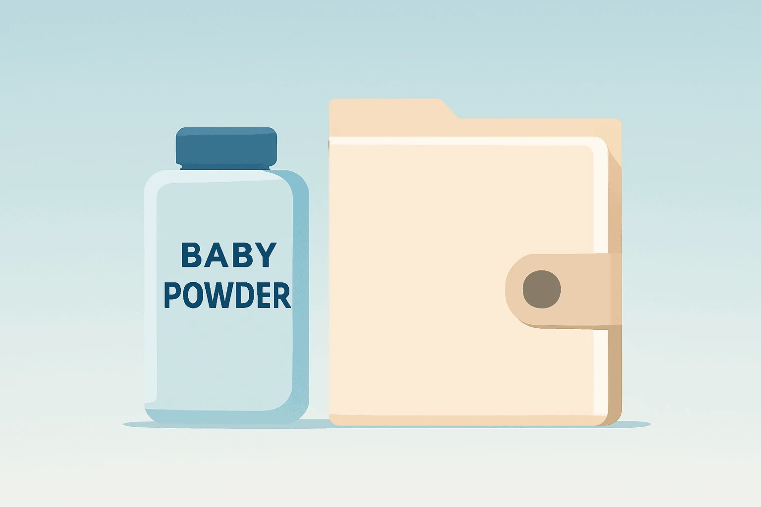 Flat vector of a baby powder tin merging with a sealed legal folder to symbolize the Johnson & Johnson talc settlement.