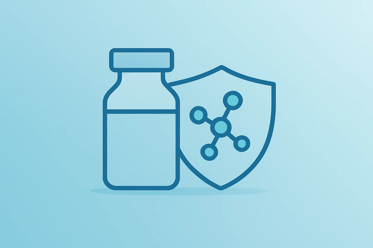 Flat filled vector of a vial merging with a molecular shield to symbolize Novartis Acquires Excellergy and anti-IgE science