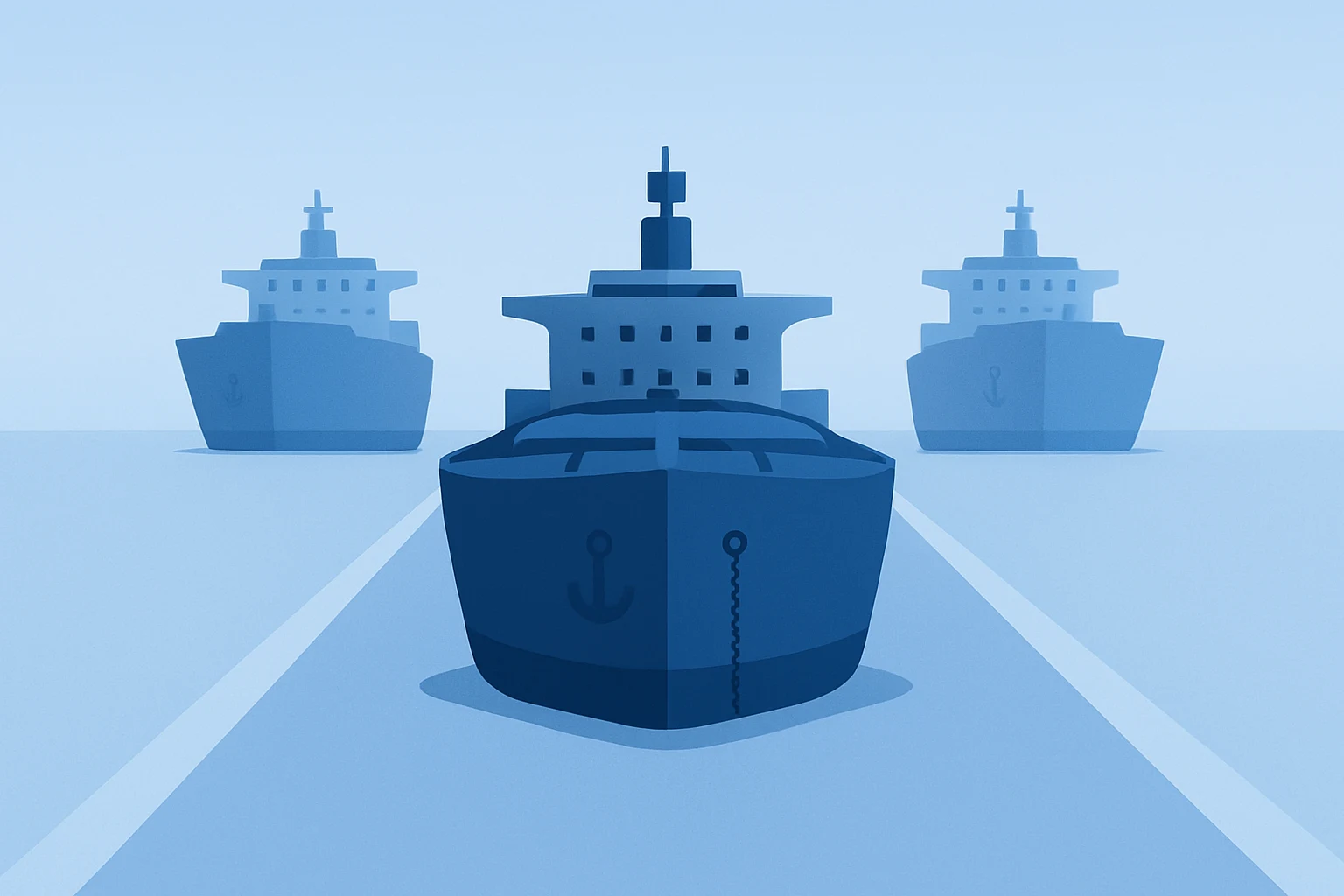 Flat filled vector of an oil tanker listing in a narrow shipping lane to illustrate oil prices surge and a $82 Brent spike.