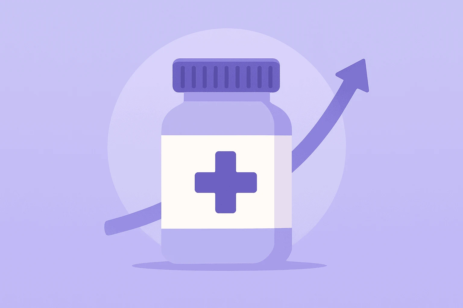 Flat vector of a pharmacy pill bottle with an expanding margin band symbolizing CVS Q2 2026 earnings and guidance lift.
