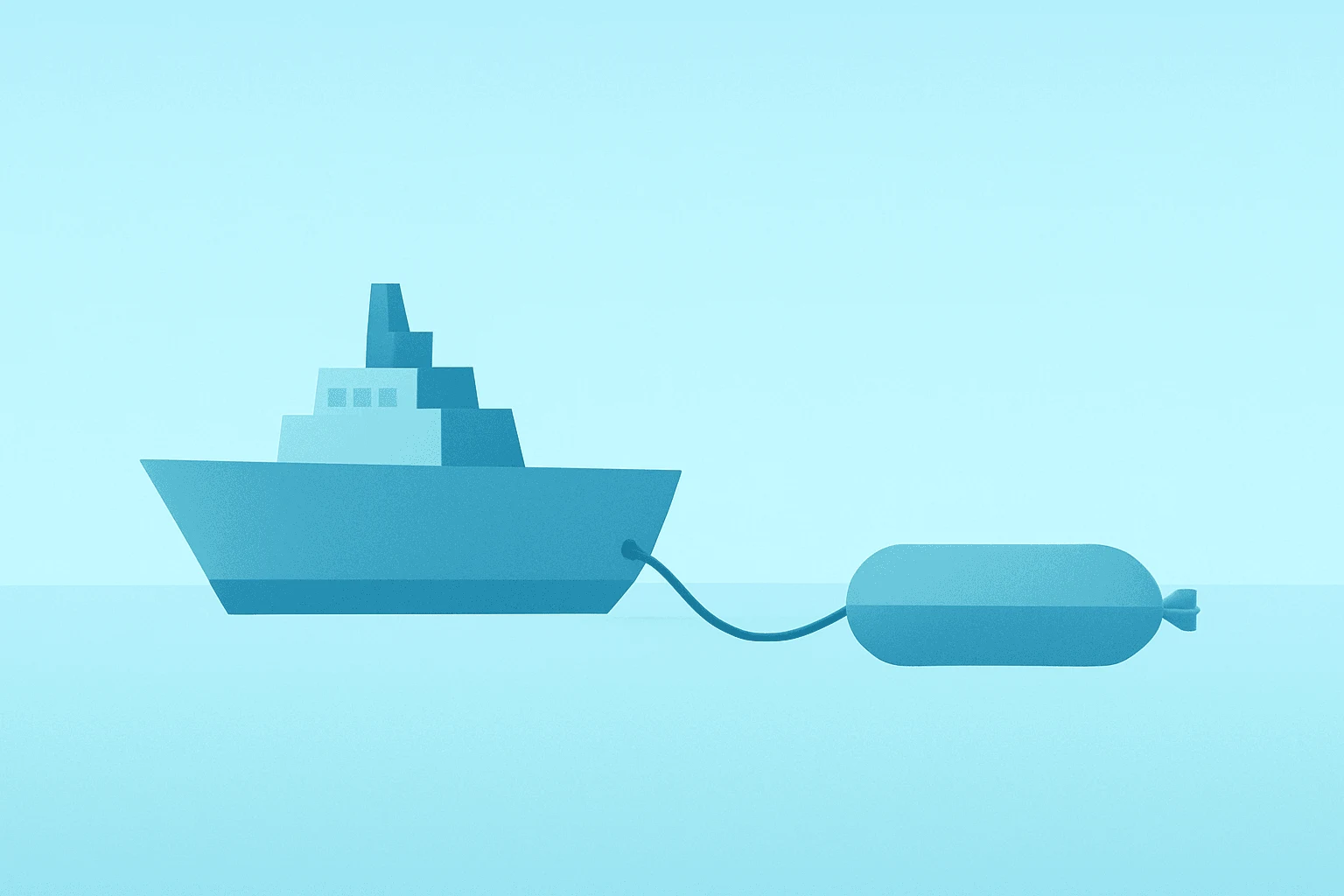 Flat vector of a sonar module merging with a ship hull for Lockheed Martin to Acquire Ultra Maritime and ASW expansion.