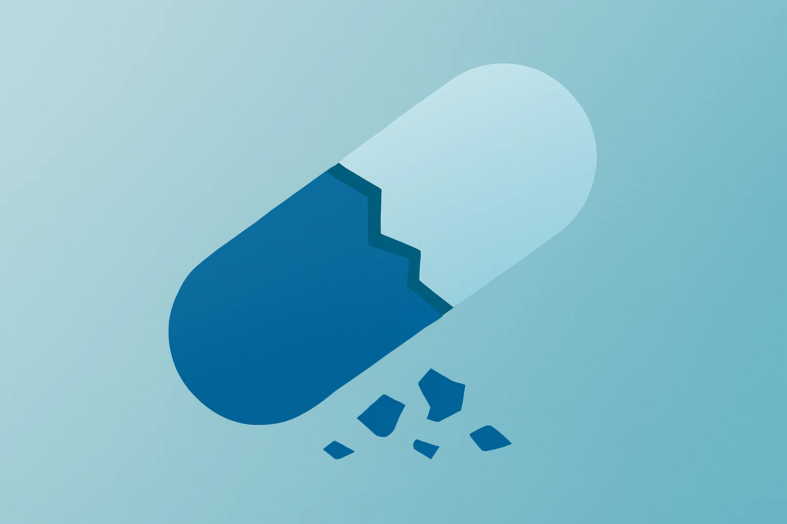 Flat vector of a cracked drug capsule with subtle shadow representing Sanofi tolebrutinib FDA delay and trial failure.
