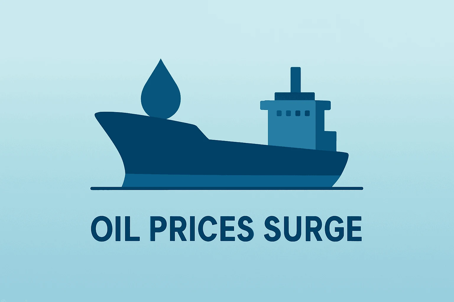 Centered flat vector of a tanker hull with flaring bow symbolizing Oil Prices Surge and market strain on slate-ice gradient.