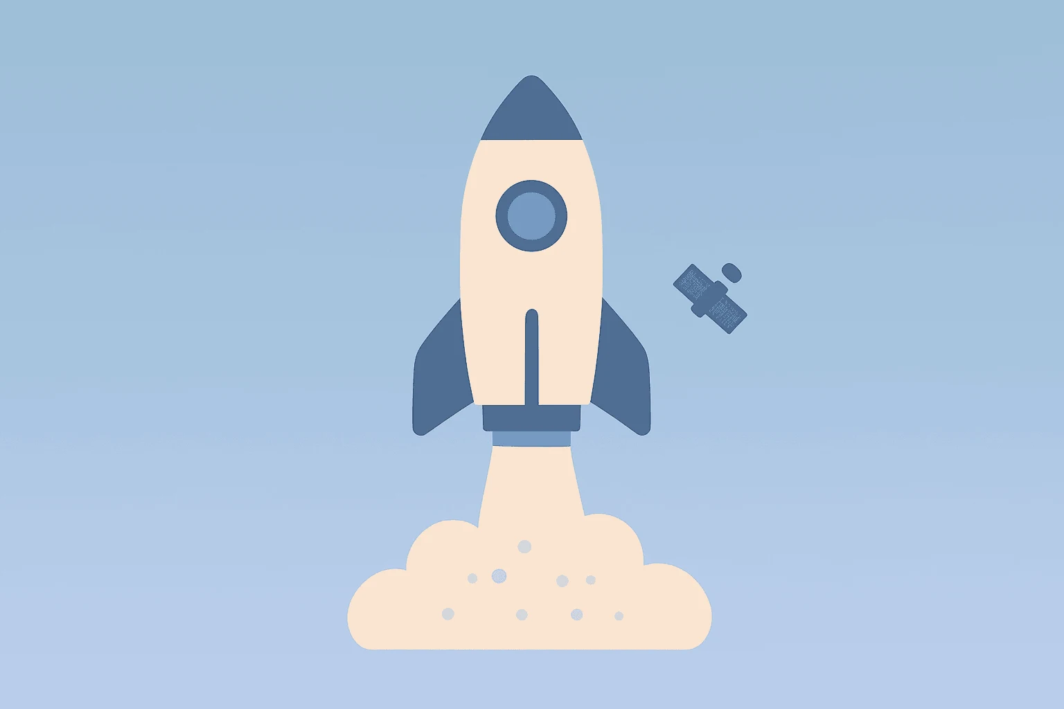 Flat vector of stalled rocket ignition and satellite motif for SpaceX Starship Launch Abort and delayed launch cadence.