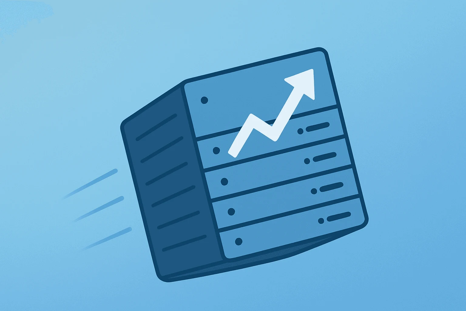Flat vector of a server module surging forward to symbolize SanDisk Nasdaq-100 inclusion and rising AI data-center demand.