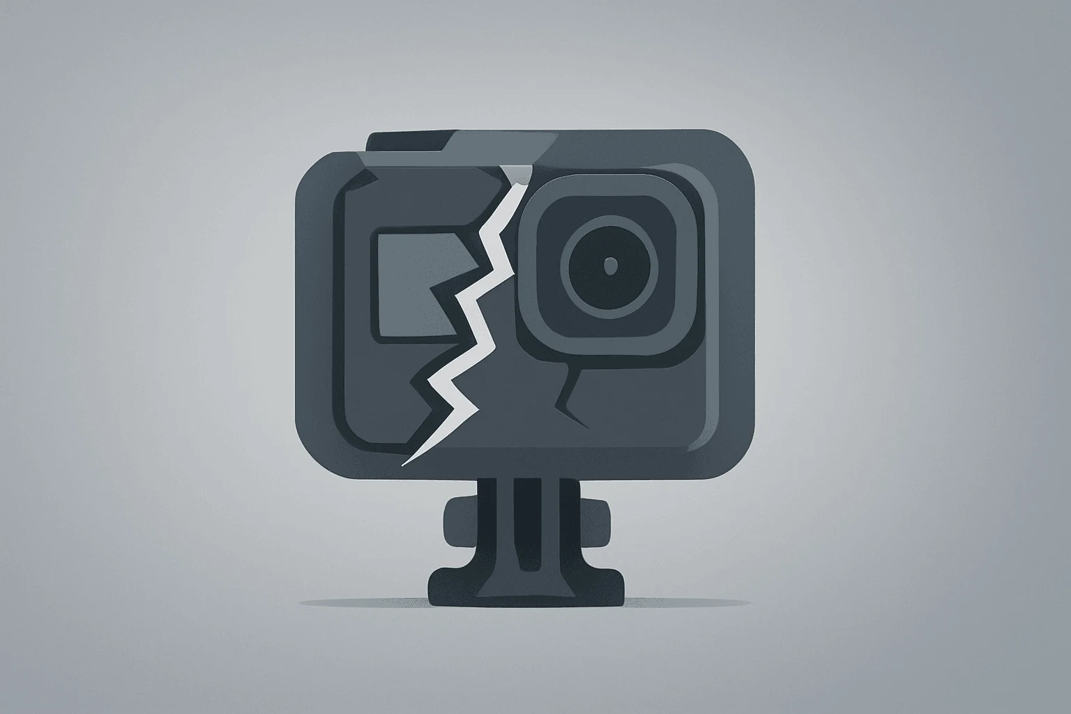 Flat vector cover showing a high-end camera with a dimmed lens to symbolize GoPro strategic review and potential M&A options.