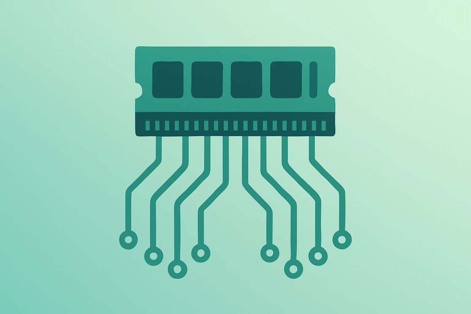 Flat vector of a stacked memory module with expanding circuit traces symbolizing HBM demand and Micron Q1 earnings.