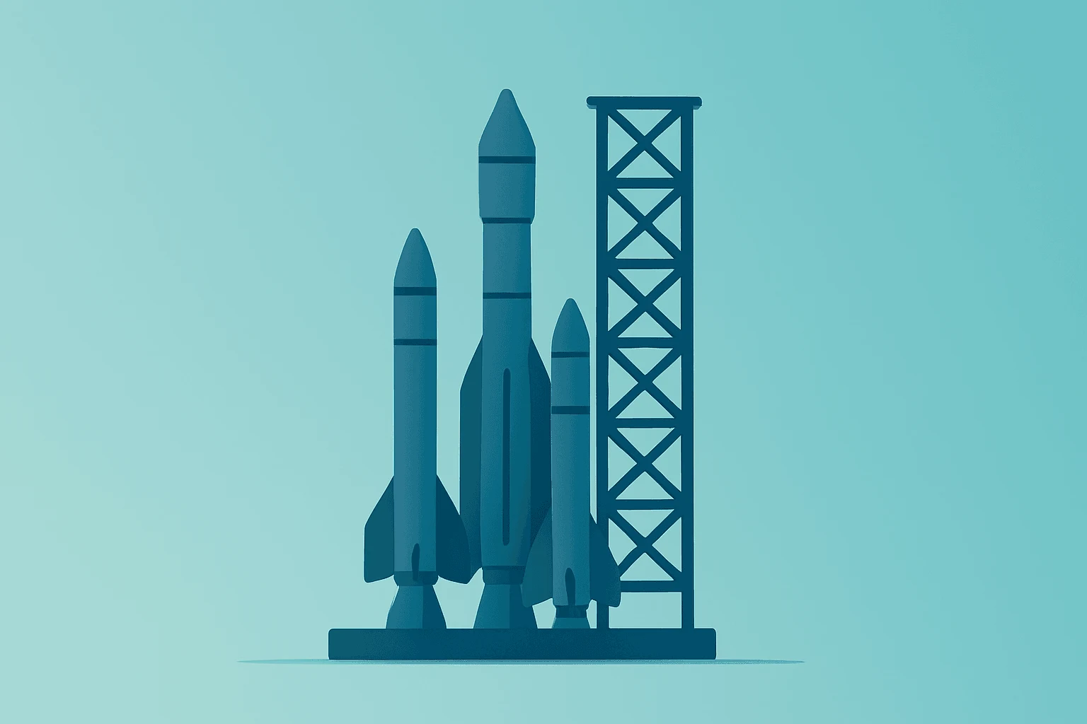 Flat vector illustration of a Starship launch hub concept symbolizing Starbase Louisiana's scale and capacity.