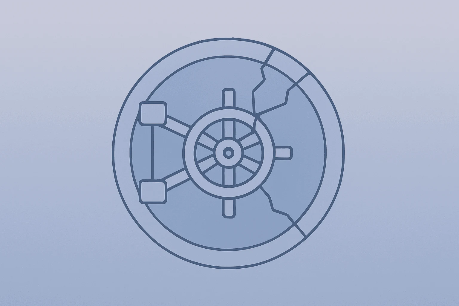 Flat vector of a bank vault with a fractured locking rim to symbolize Wise bank charter denial and stalled U.S. expansion.