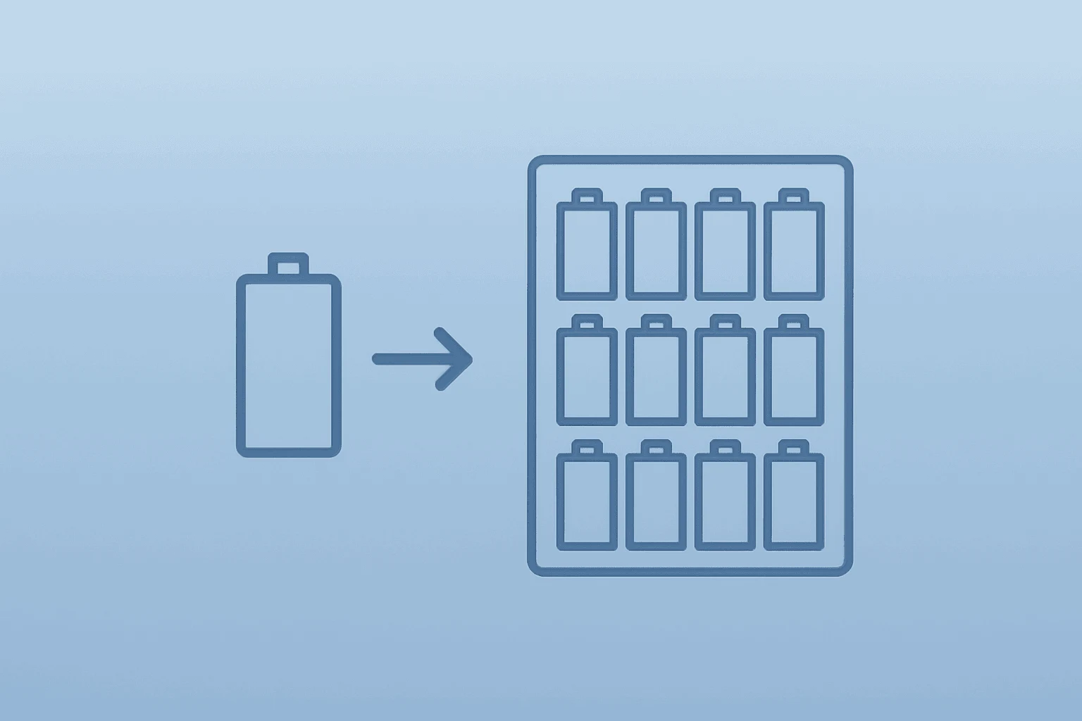 Flat centered vector of a battery cell stack expanding after QuantumScape Q1 Results, on a smooth slate-ice gradient.