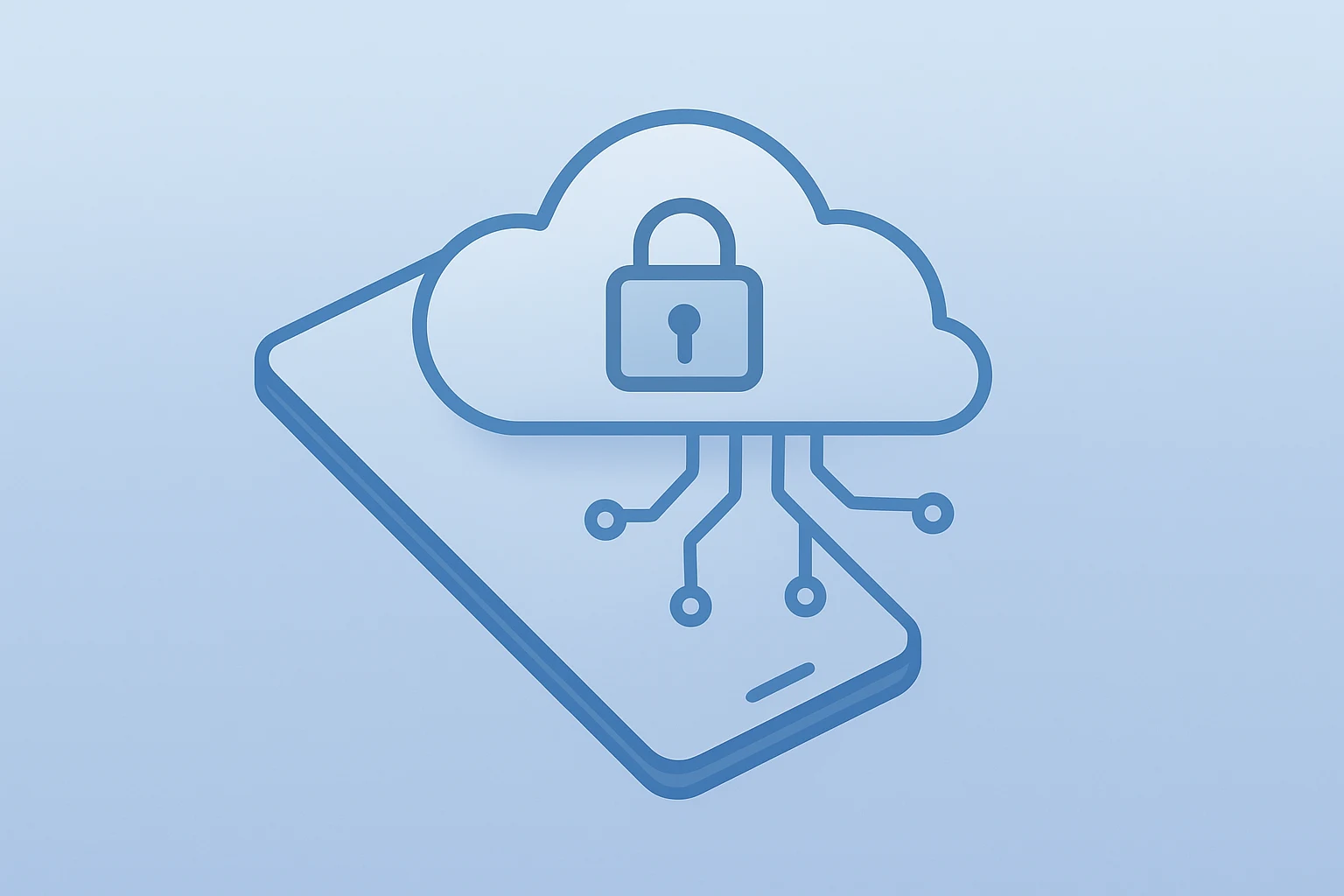 Flat vector of a mobile device merging with a server and expanding circuit to convey Apple Google AI partnership and privacy.