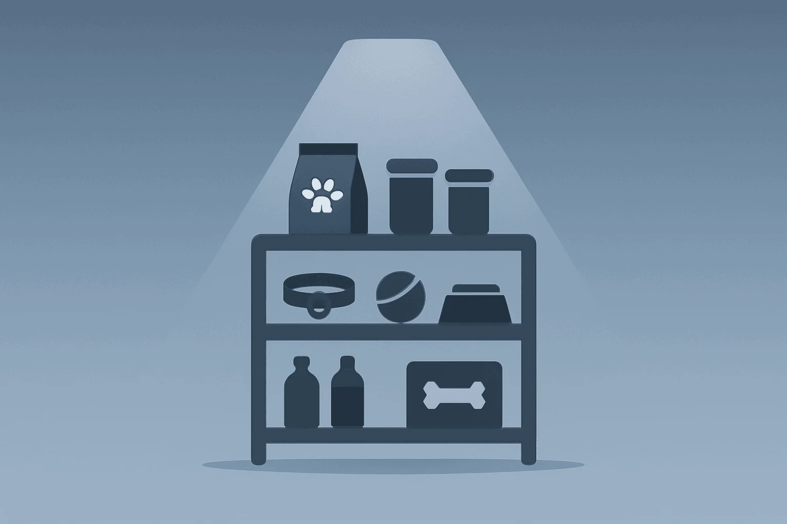 Flat vector pet-store shelf with a dimming spotlight, evoking Petco Q1 2026 earnings and pre-market selloff.