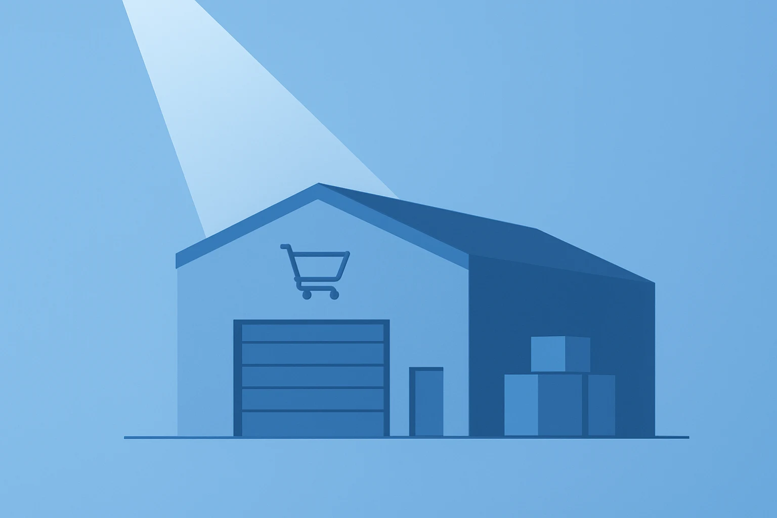 Flat filled vector of a fulfillment hub dimming under a write-down spotlight showing Kroger earnings and a $2.6B impairment.