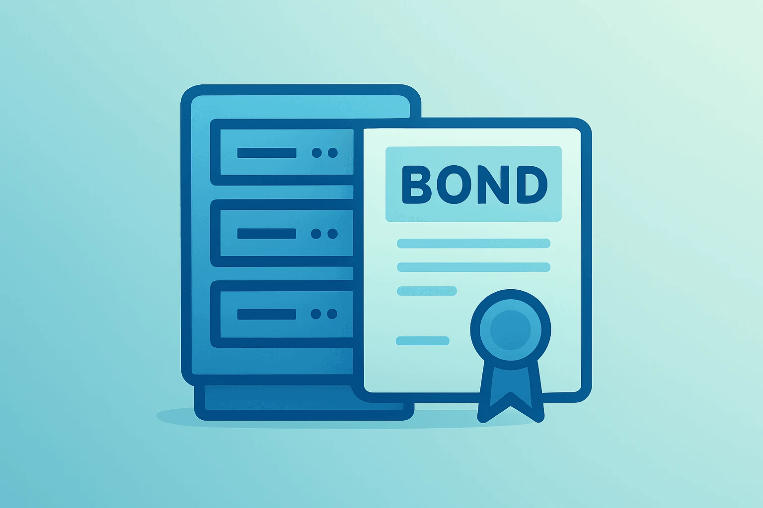 Flat vector of a server rack merged with a bond certificate symbolizing Amazon bond sale for AI, slate-ice gradient.