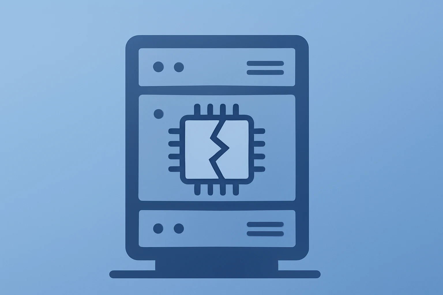 Flat filled vector of a fractured server-chip hybrid symbolizing the AI stock sell-off and Nasdaq-led market rout.
