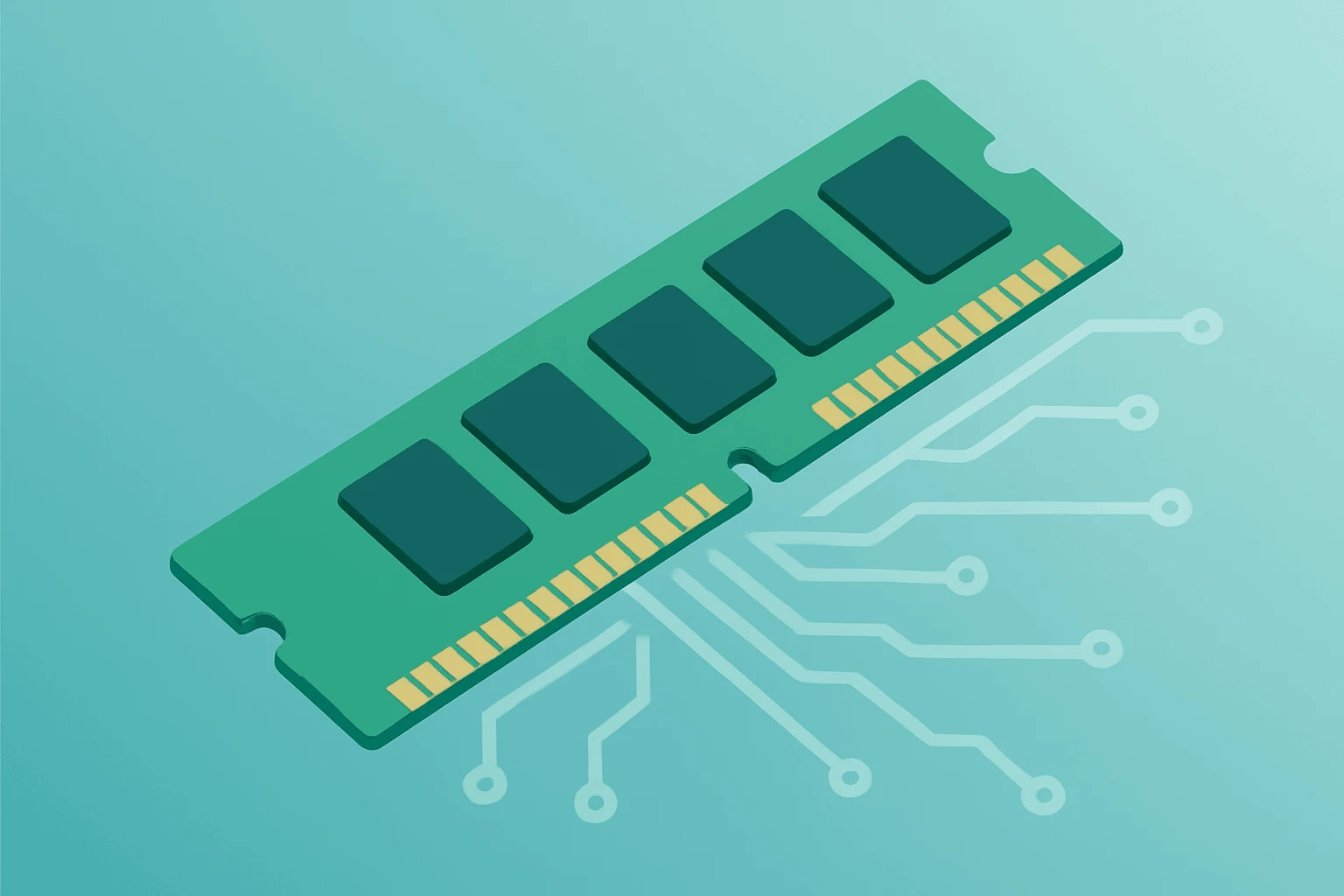 Flat vector of a memory chip morphing into a stacked circuit, symbolizing memory stocks rebound and analyst-led dip-buying.